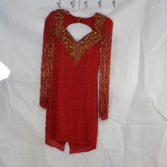 100% Silk Beaded/Sequins Red Long Sleeve Dress SZ 6 - Picture 2 of 5
